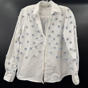DHRUV KAPOOR Anthropologie Cotton Embroidered Blue Daisies Shirt 3D Flowers Sz S